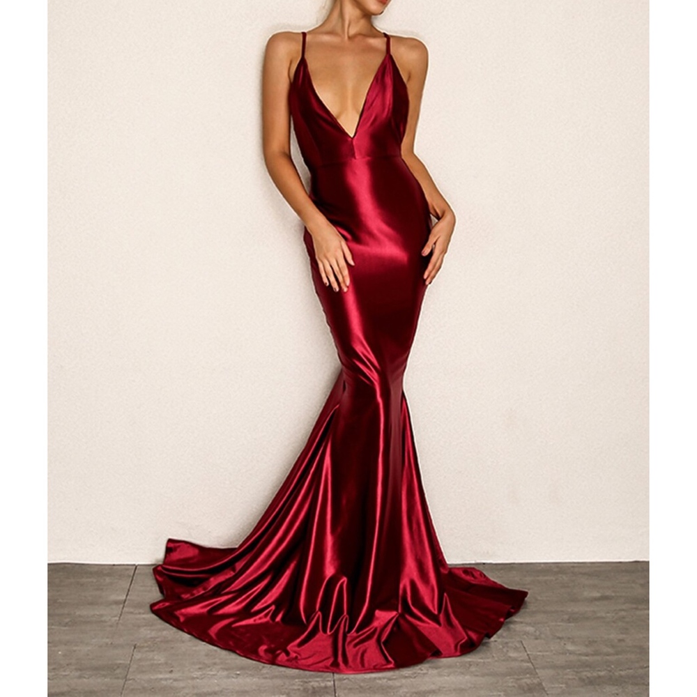 Red Plunge Open Back Mermaid Evening Satin Dress